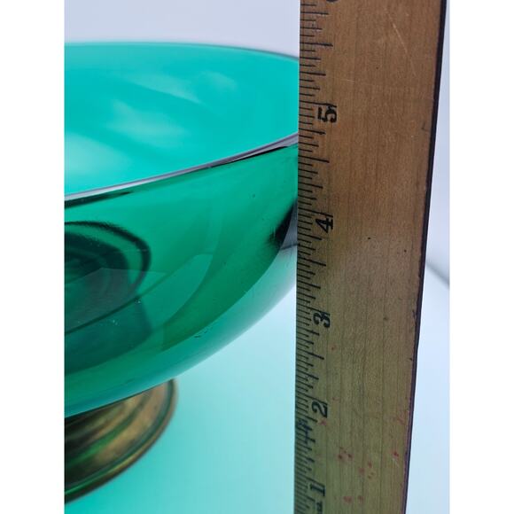 Vintage Emerald Forest Green Glass Serving Punch Bowl Brass Pedestal Base Decor - Picture 7 of 7